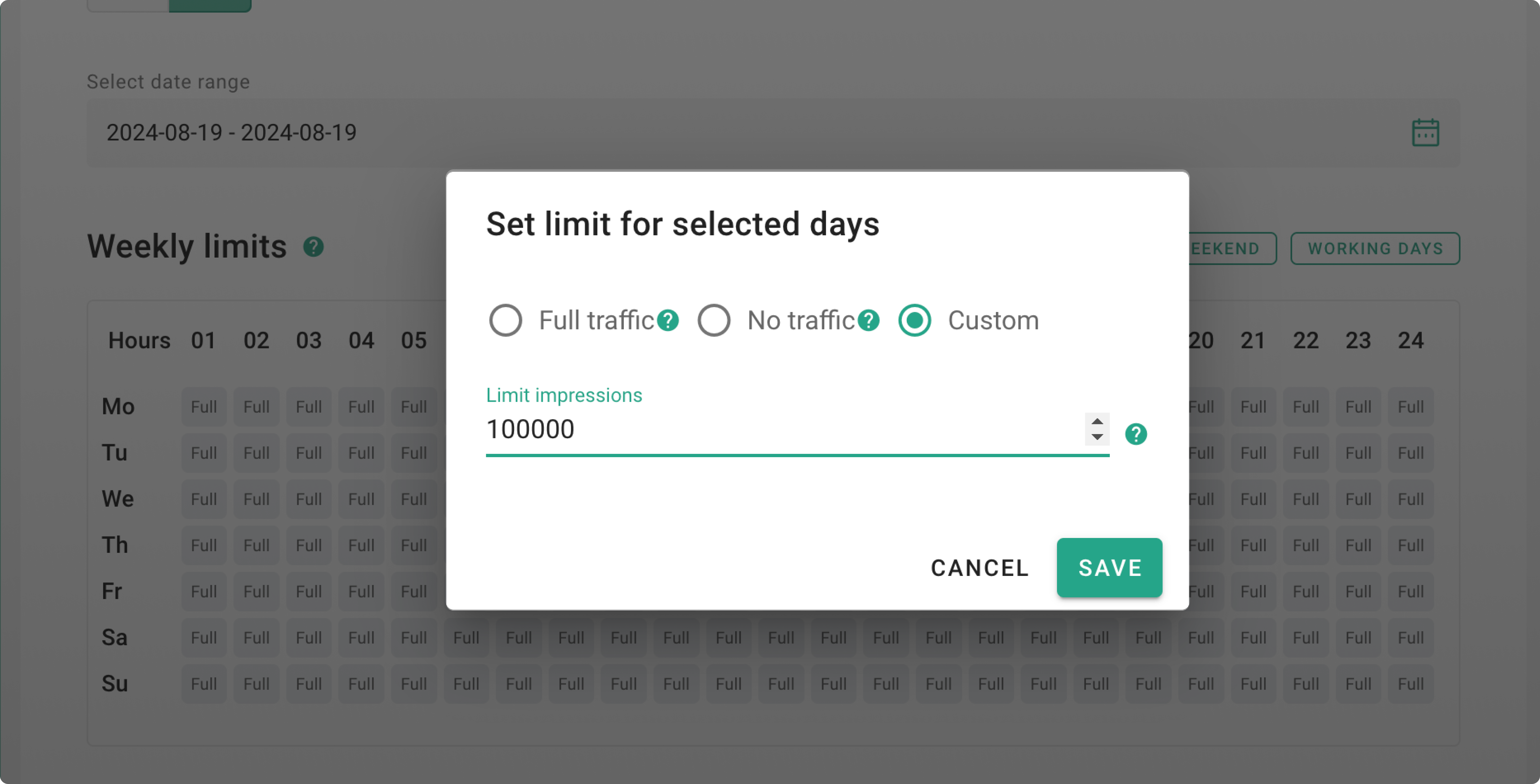 Setting Impressions limit for selected days