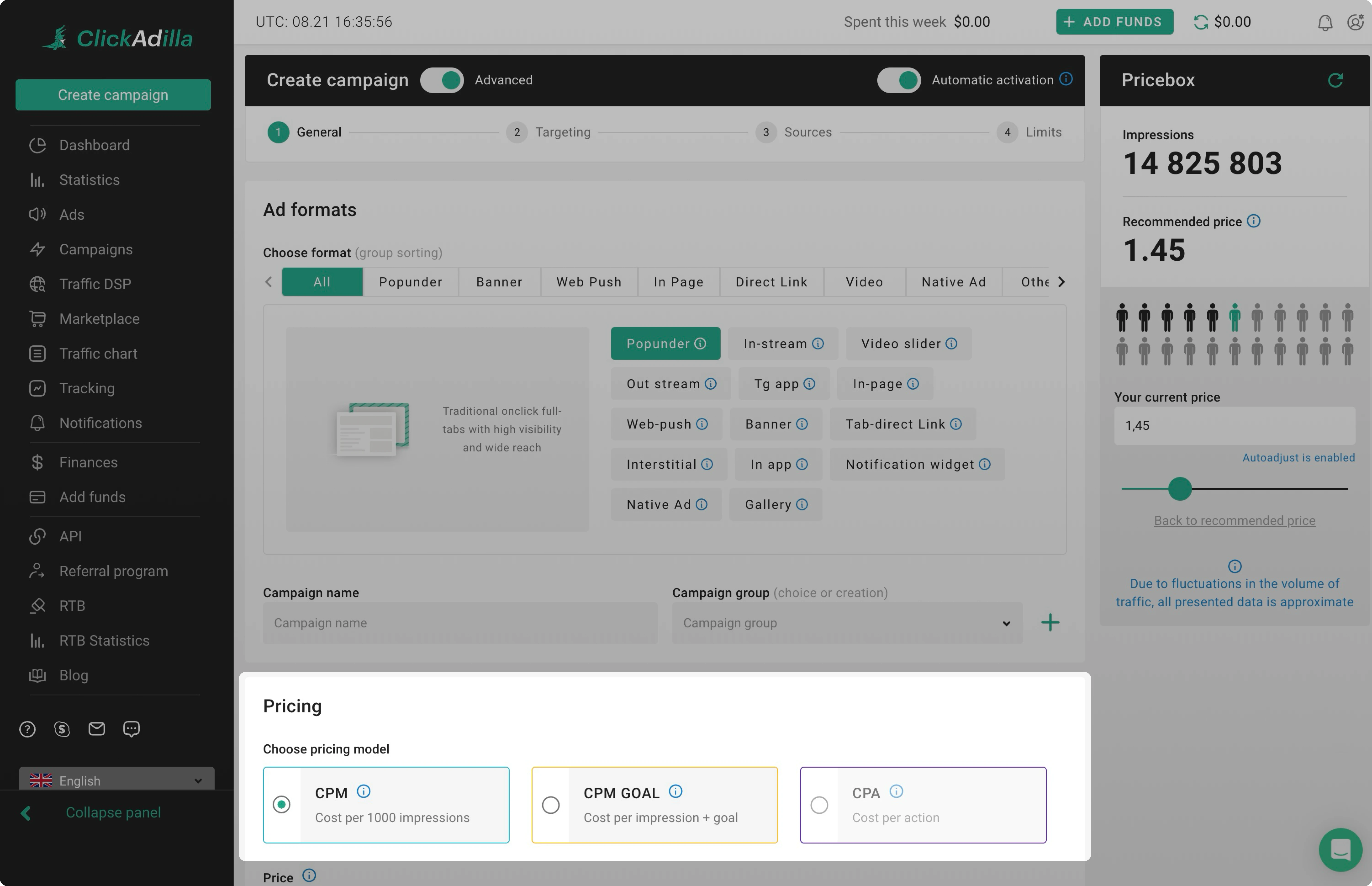 Pricing section in Create capmaign