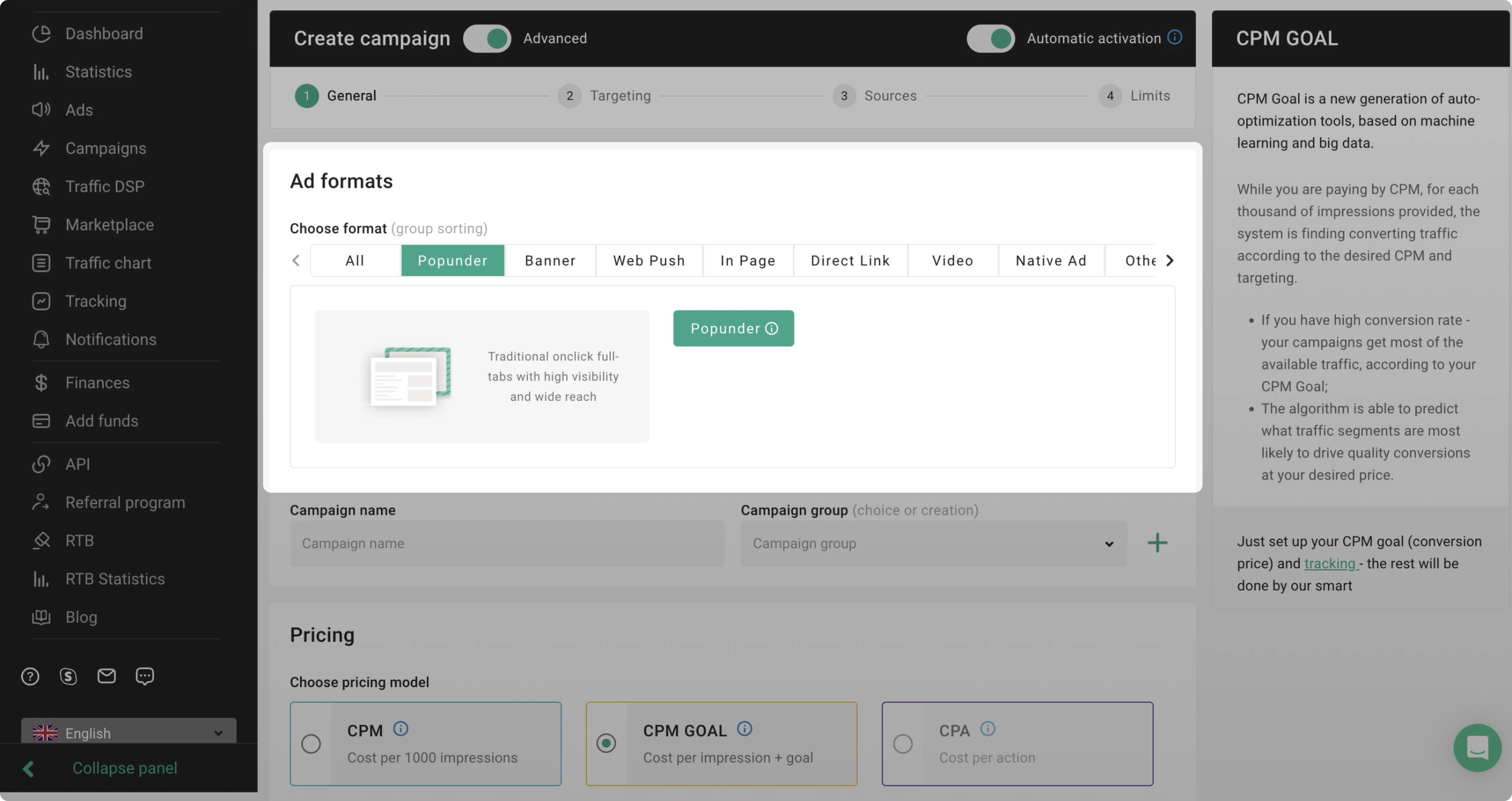 Campaign creating - choosing Popunder