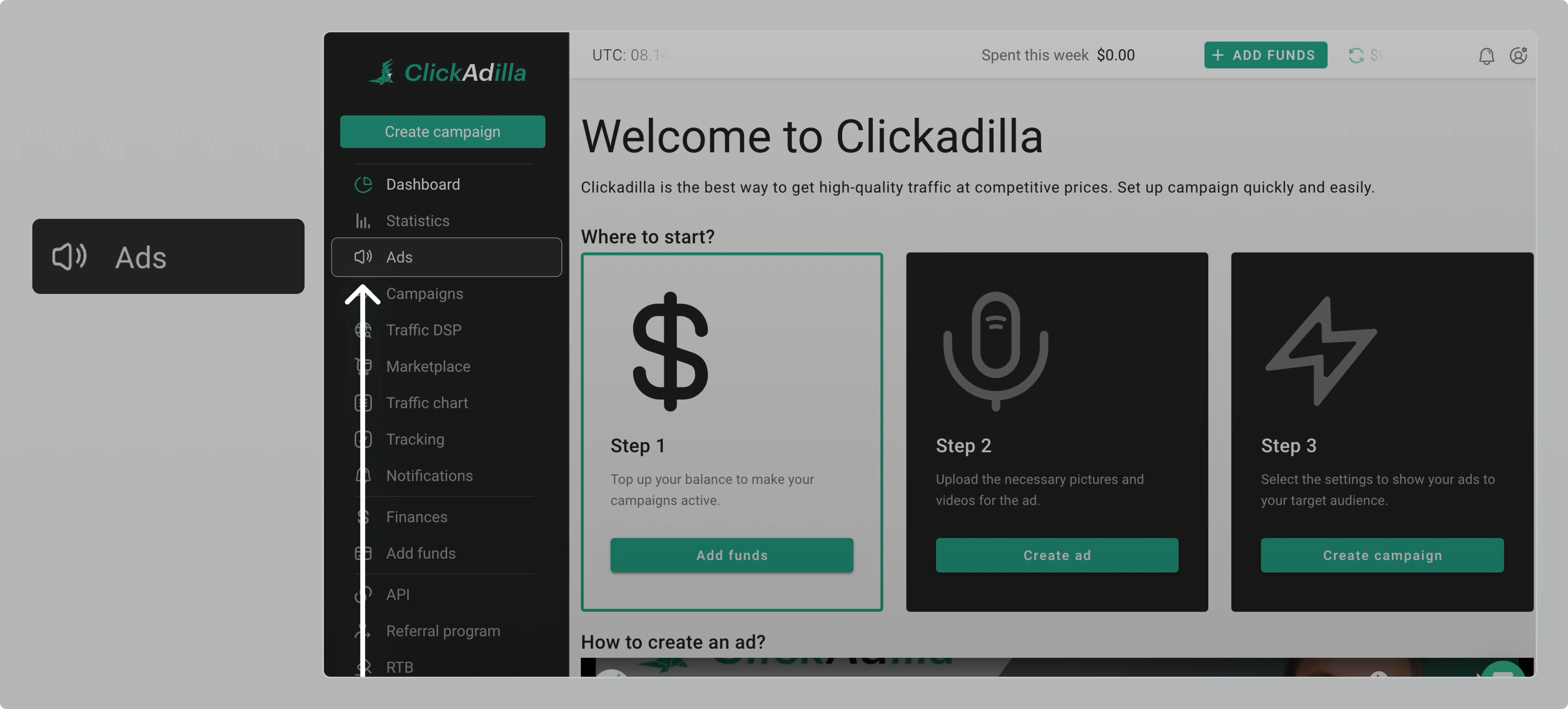 Ads tab in side menu