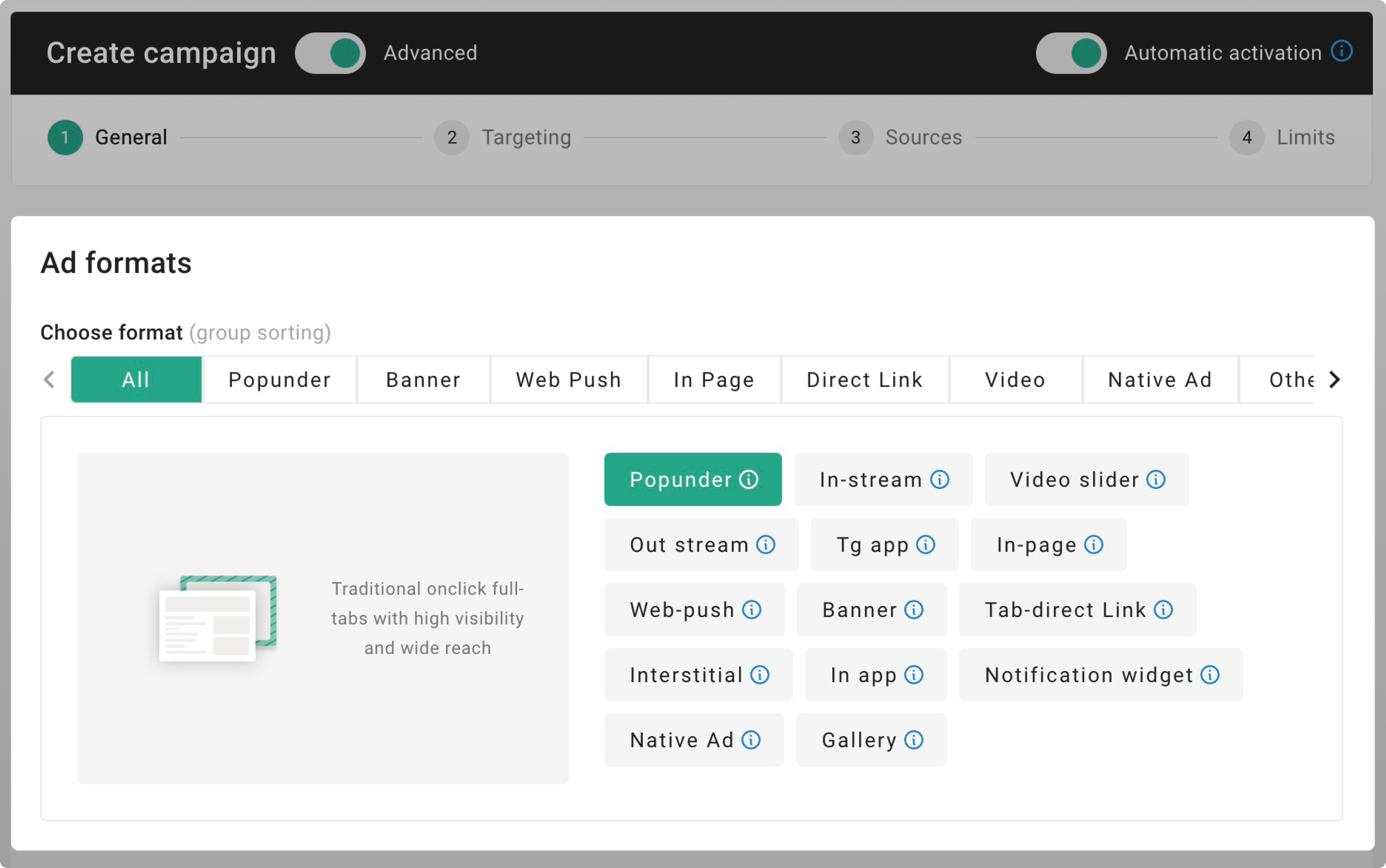 ad formats within the Create campaign page