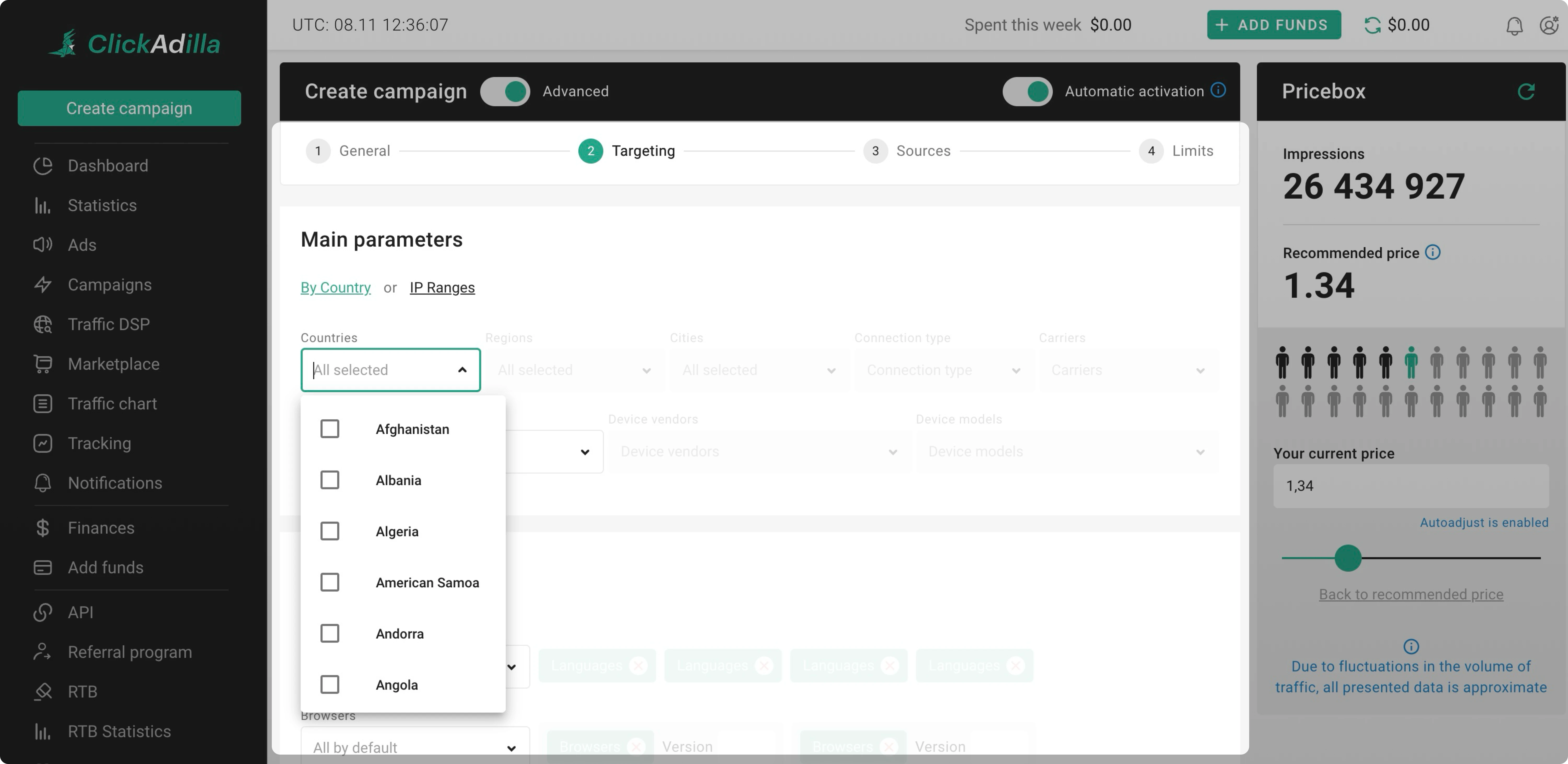 targeting parameters - list of countries