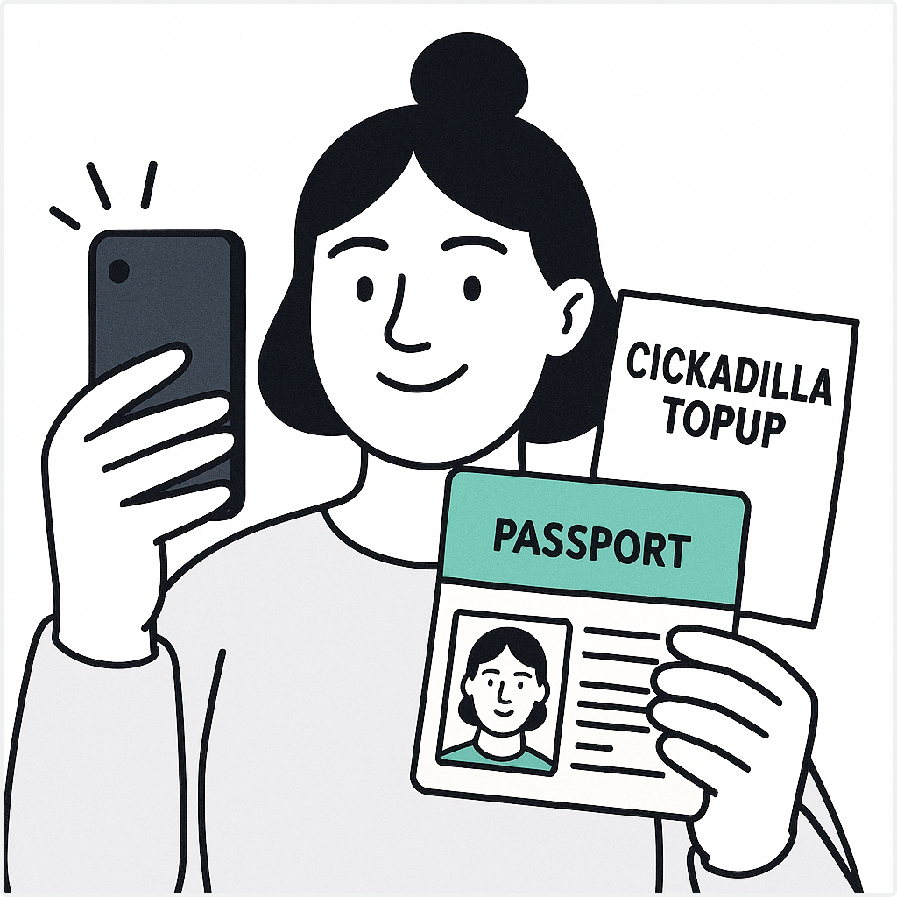An illustration of a person taking a selfie with their passport and a Clickadilla Topup piece of paper.