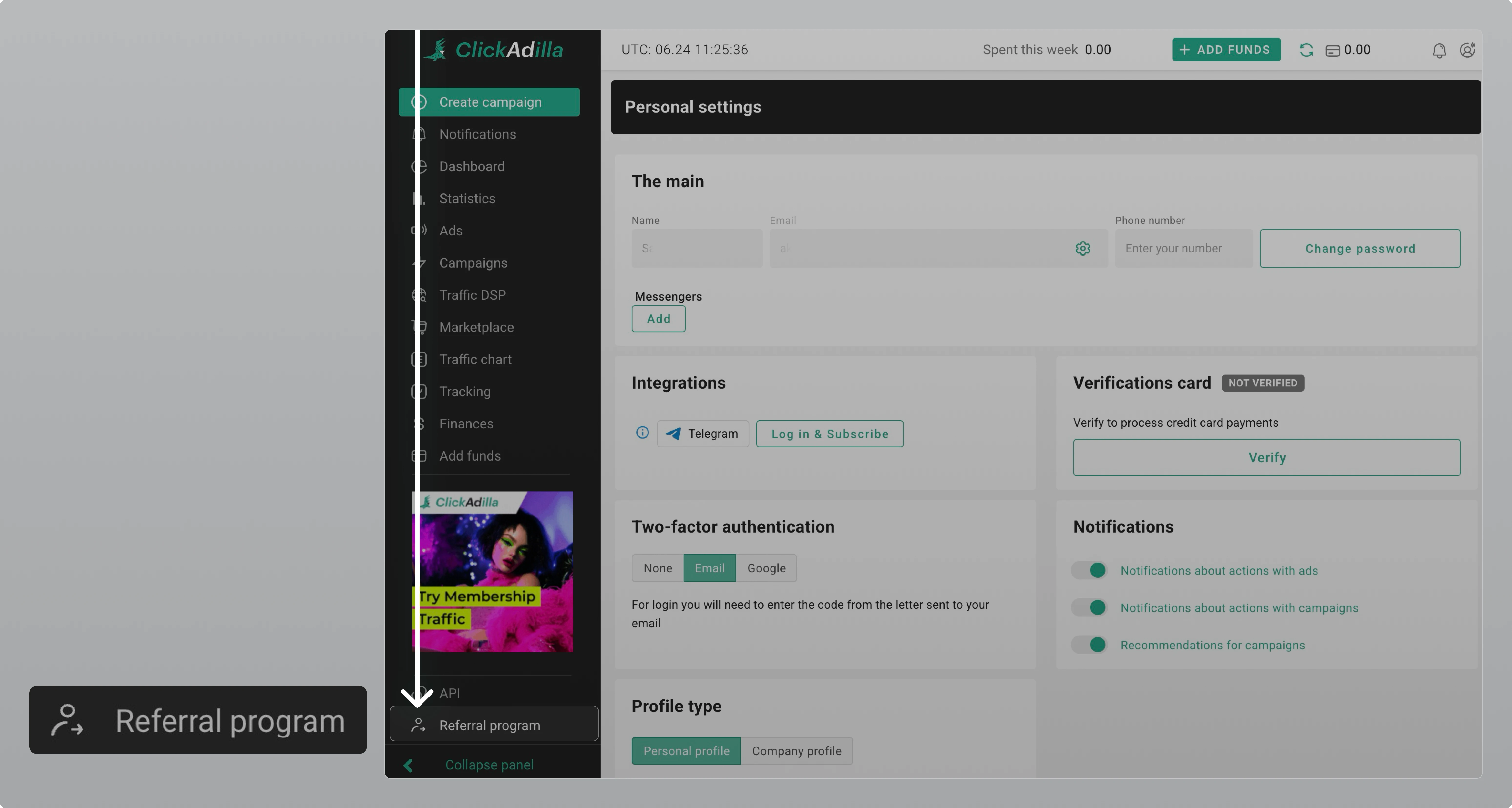 Selecting the Referral program from the left-hand side menu.