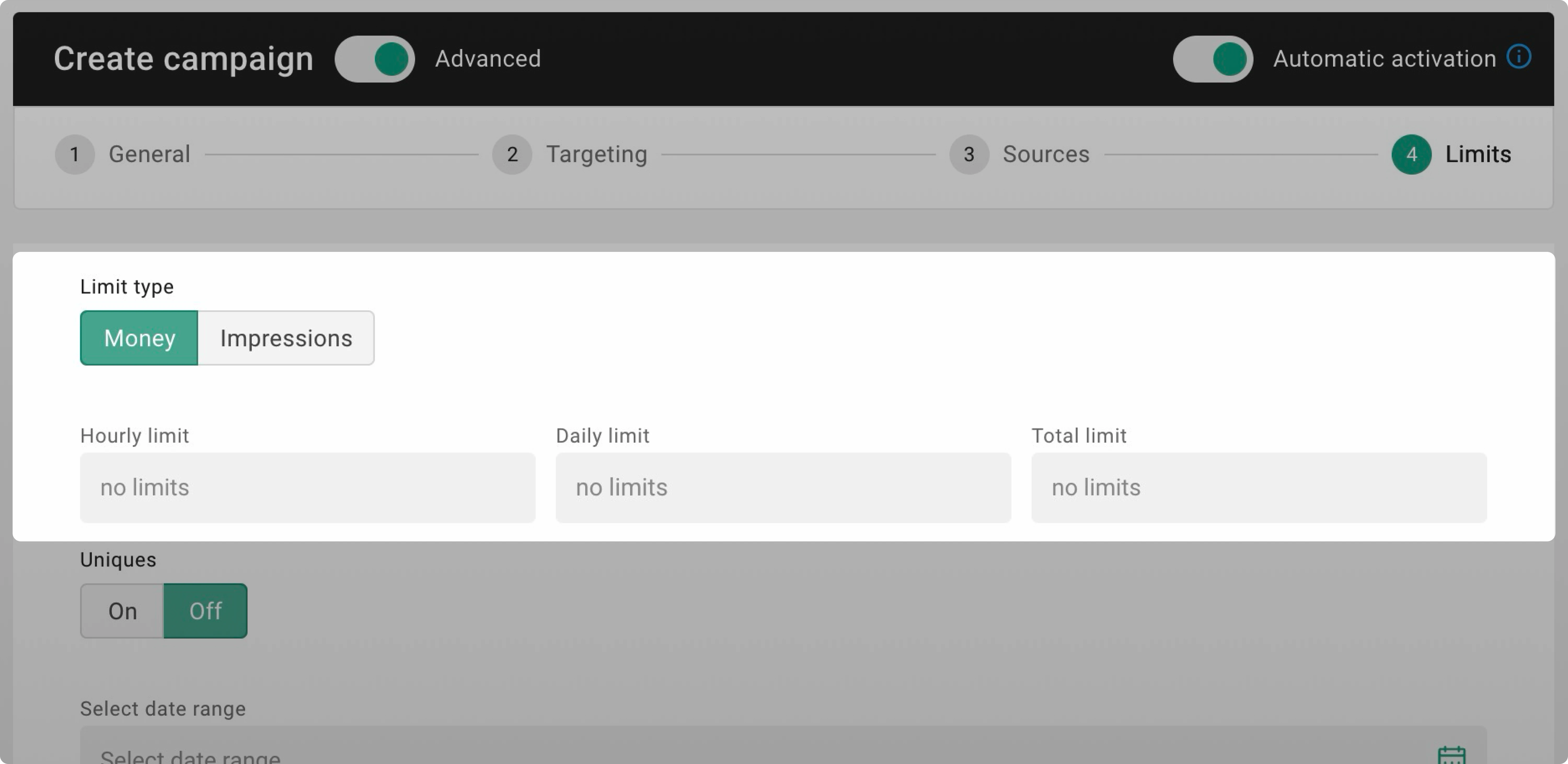 Limit types and settings
