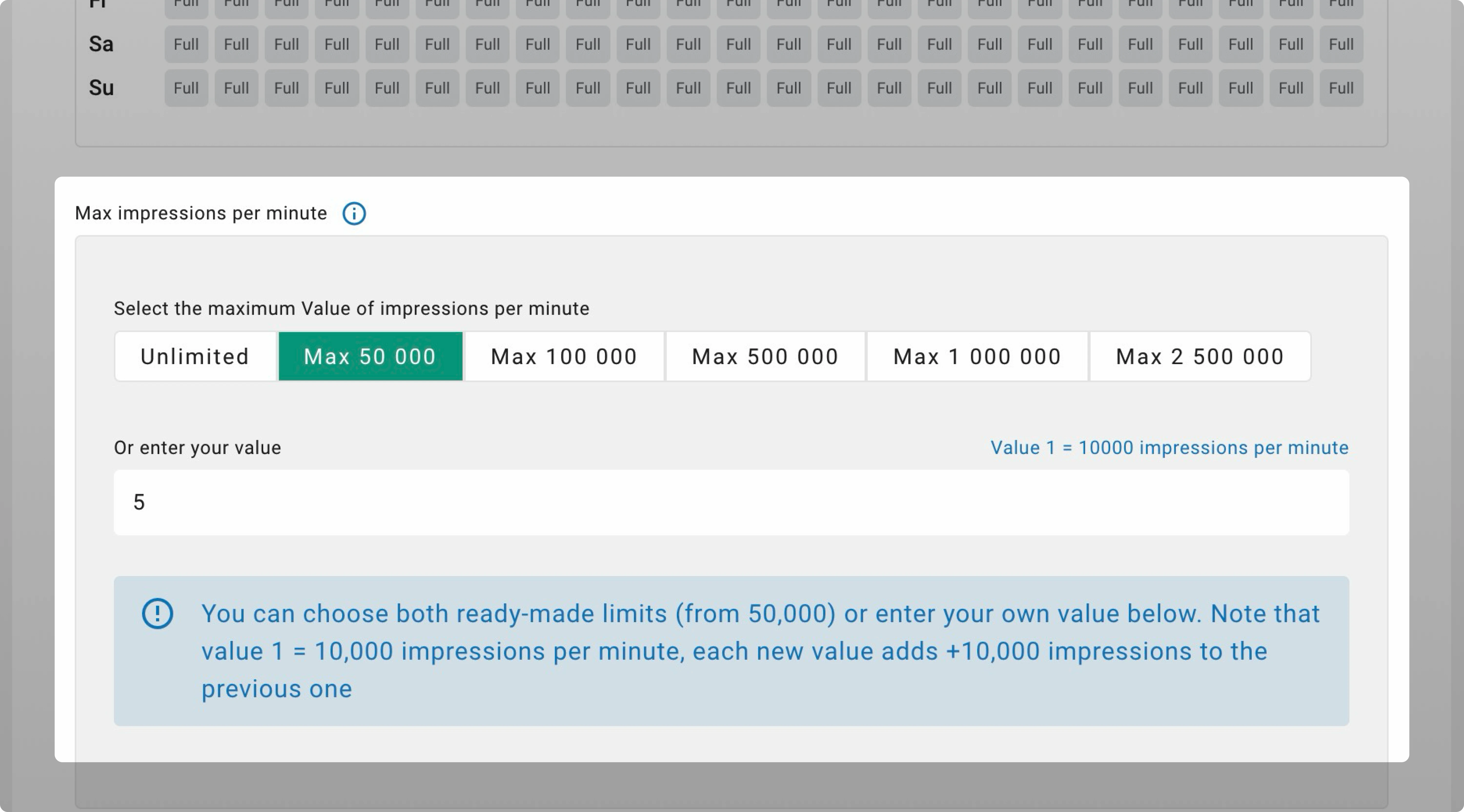 Section of Max impressions per minute