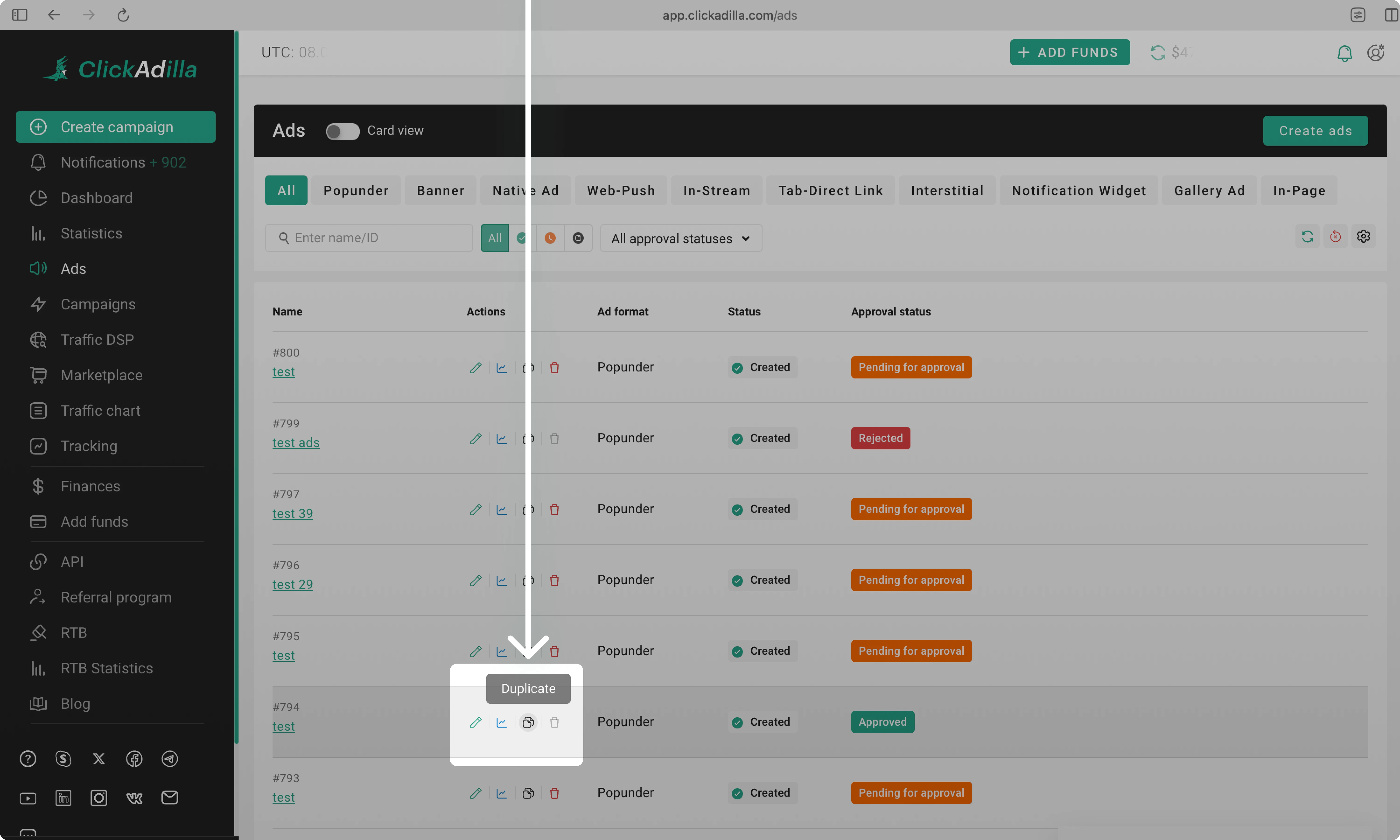 Duplicate button on the Ads page