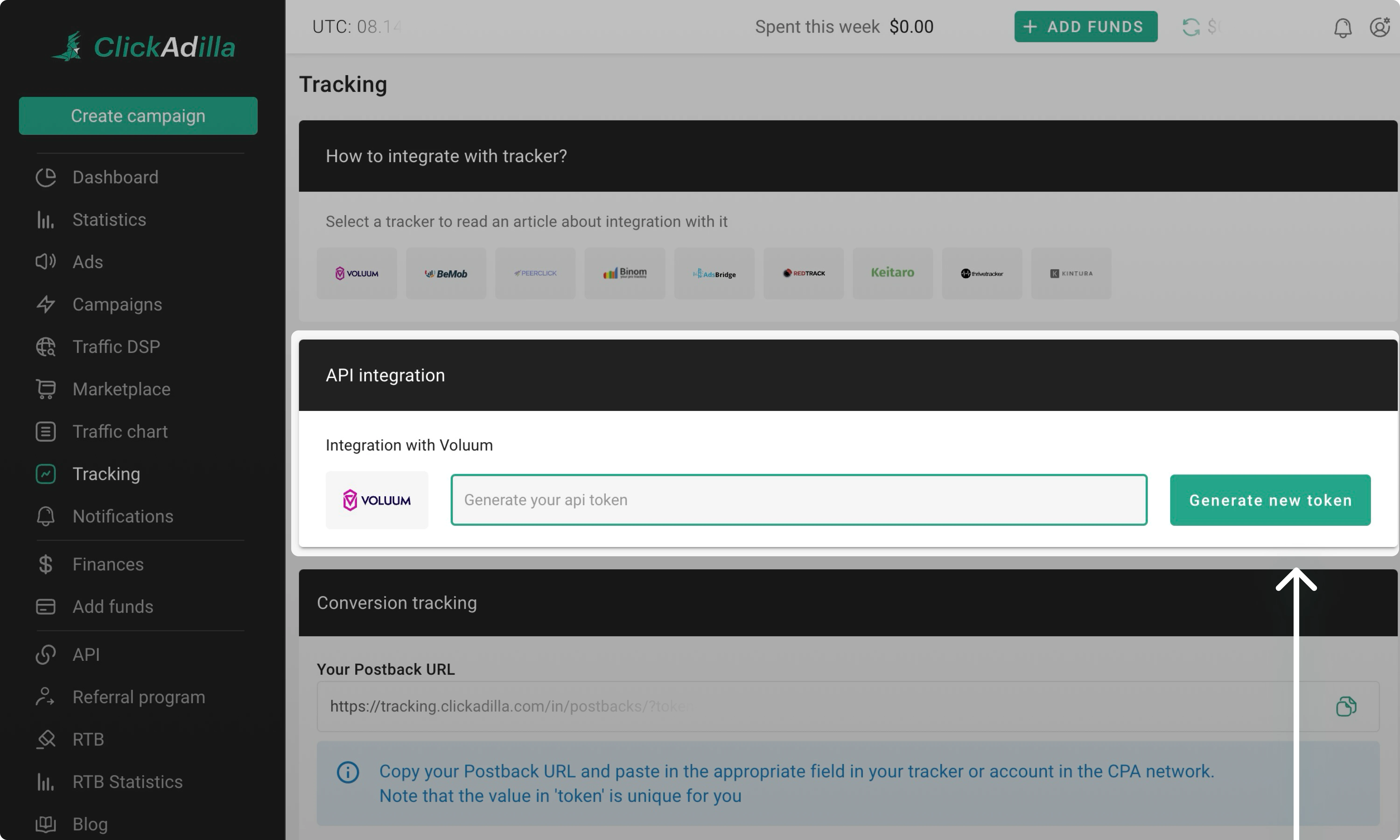Generating API token in ClickAdilla