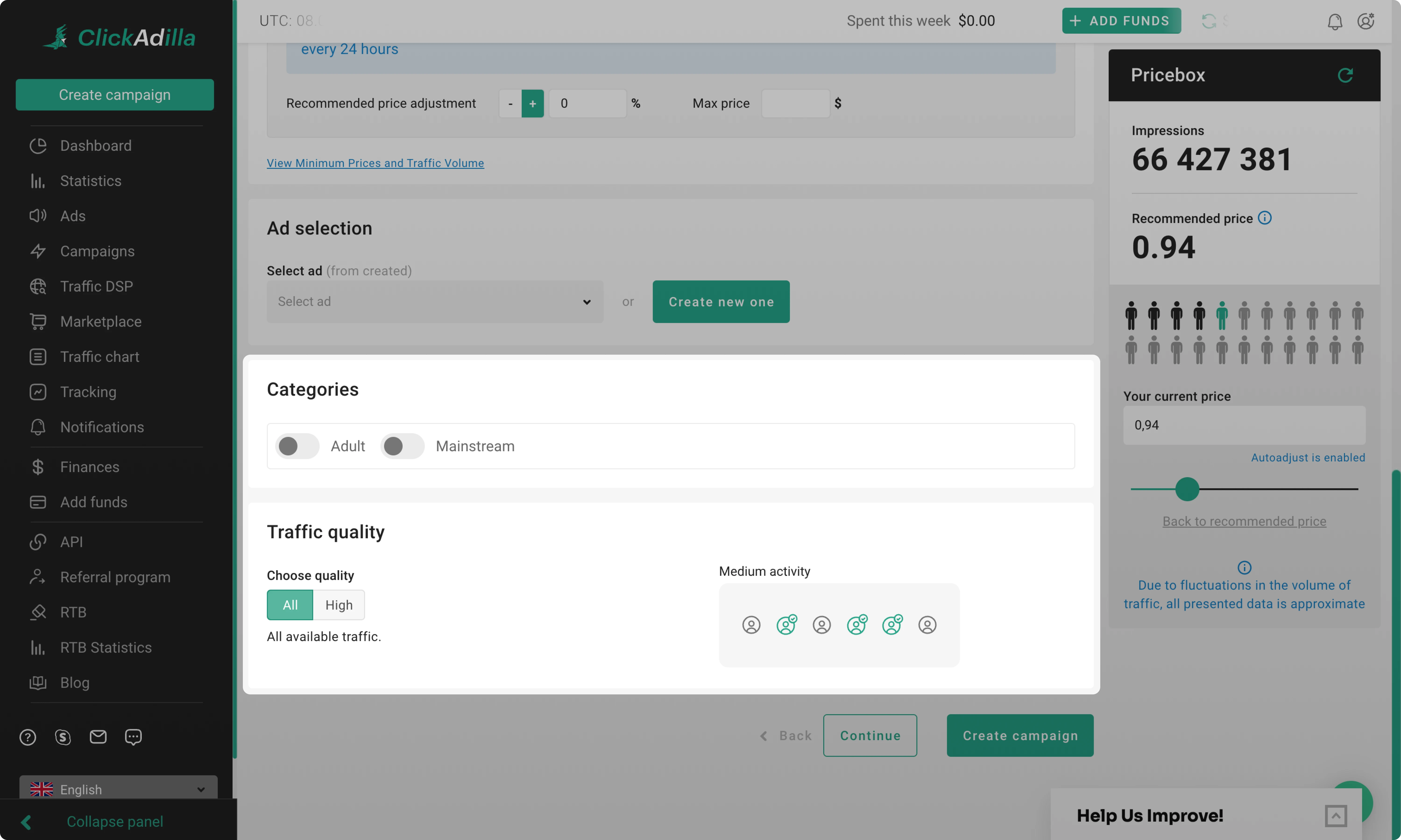 Categories and Traffic quality sections