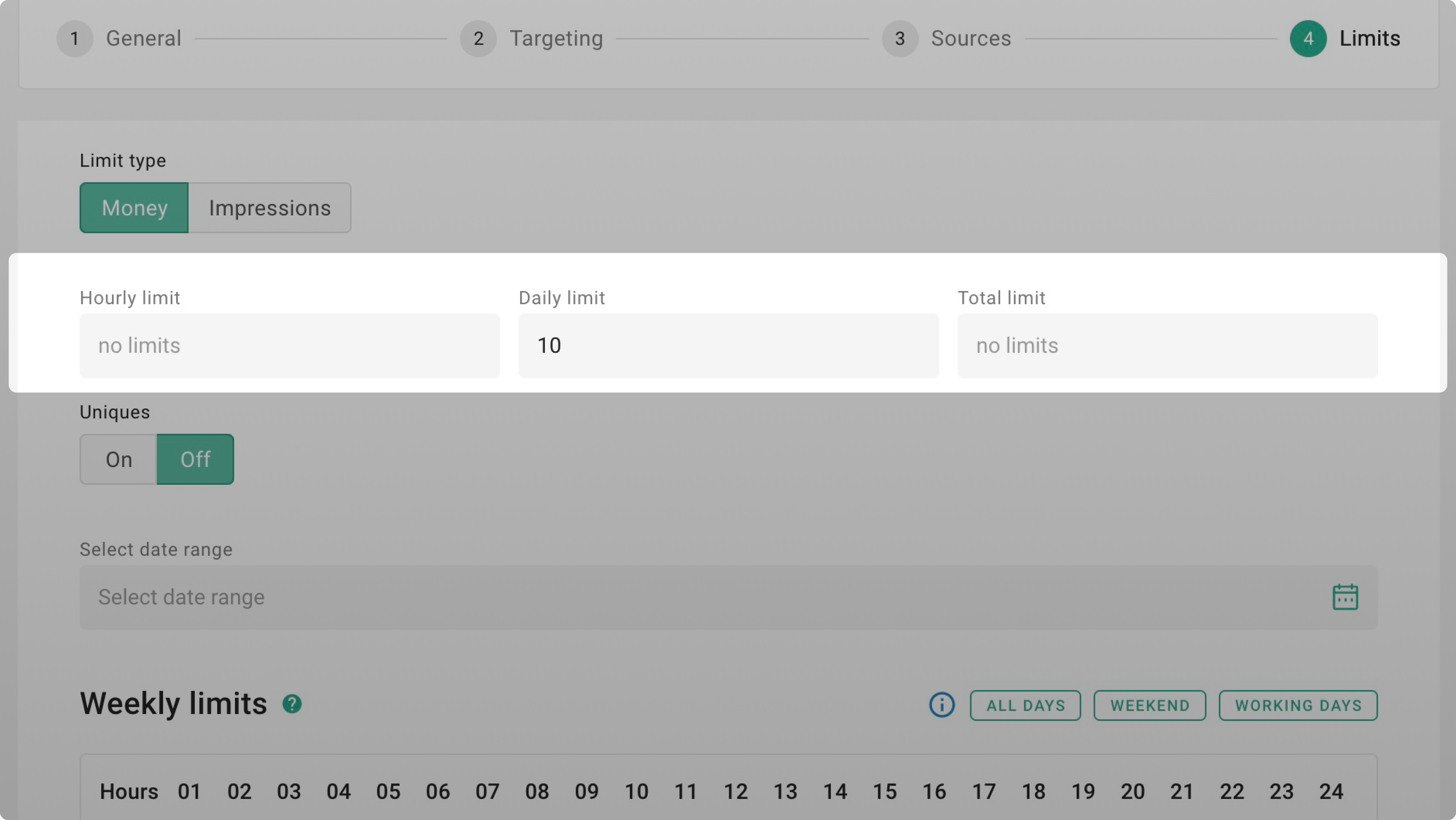 limits: Hourly, Daily, Total