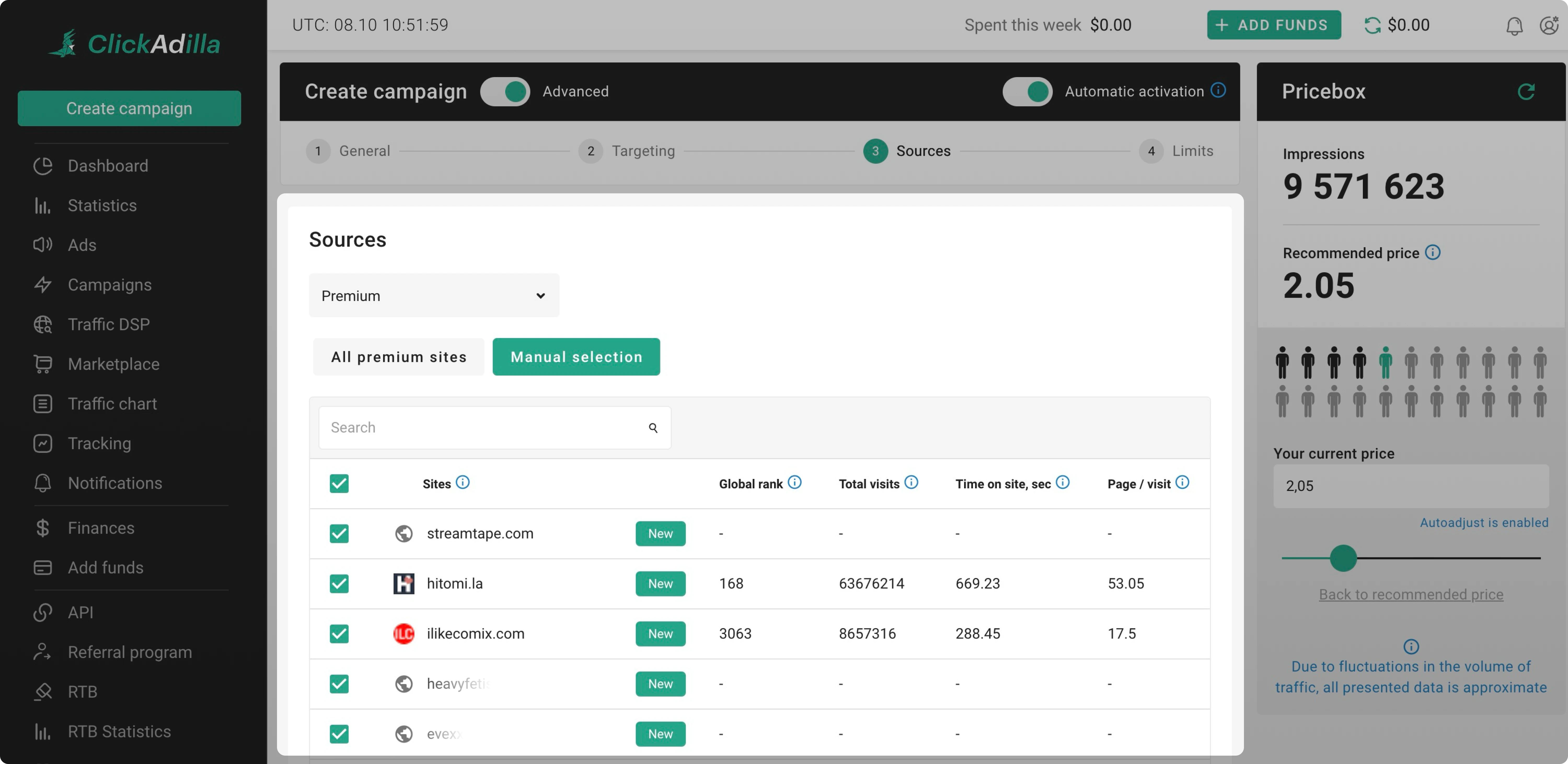 The list of premium sites in Sources