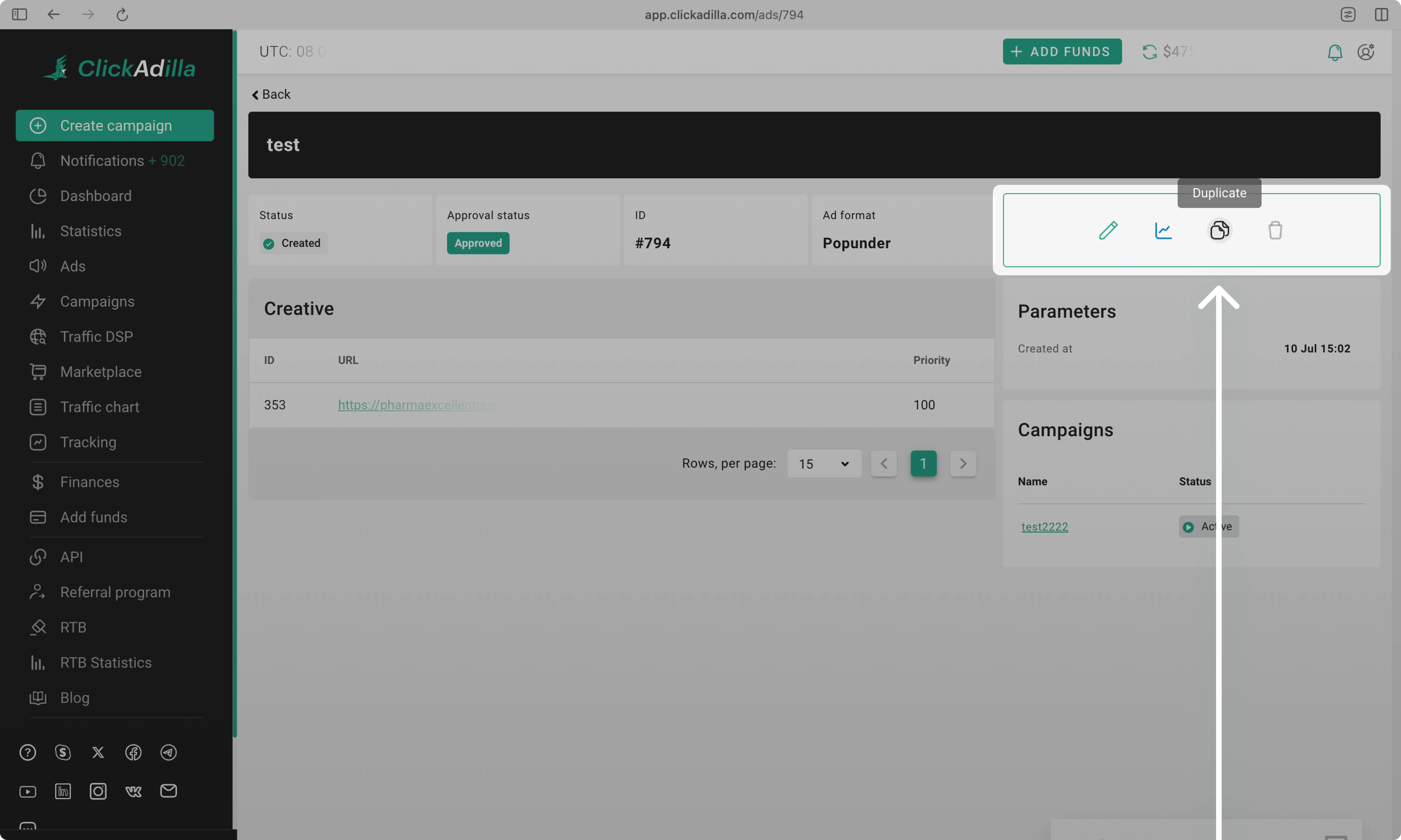 Duplicate button on a separate Ad page