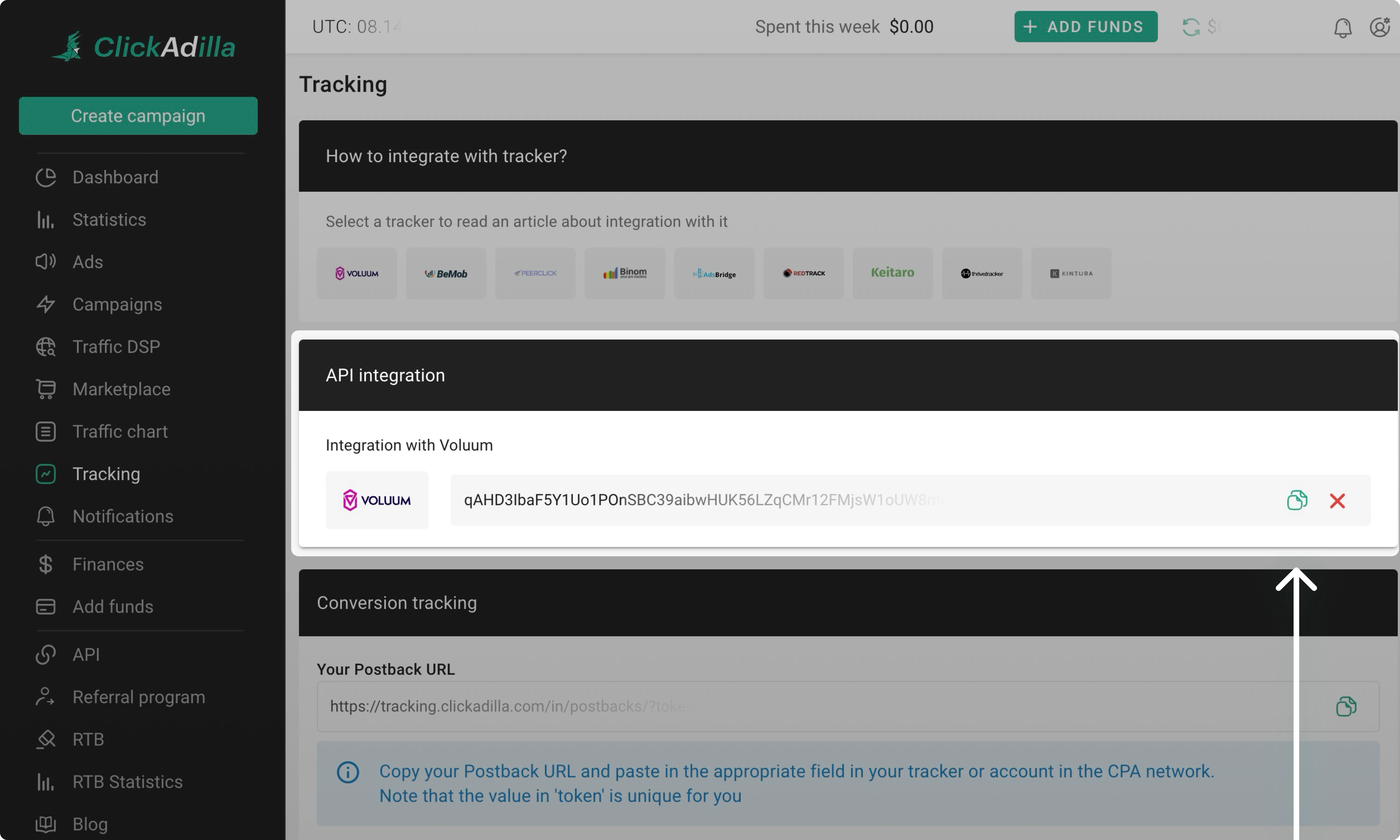 Copying API token in ClickAdilla