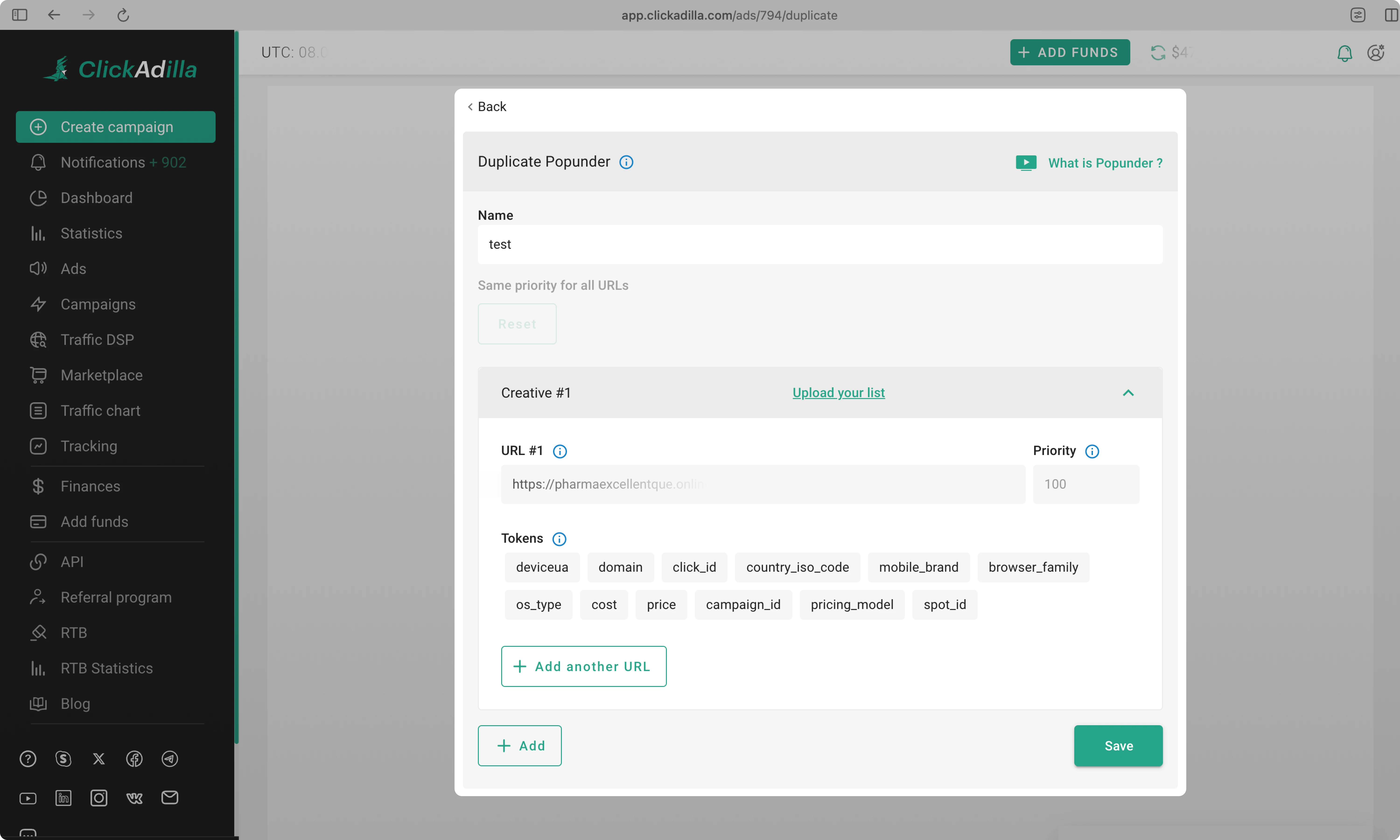Duplicate ad creation page