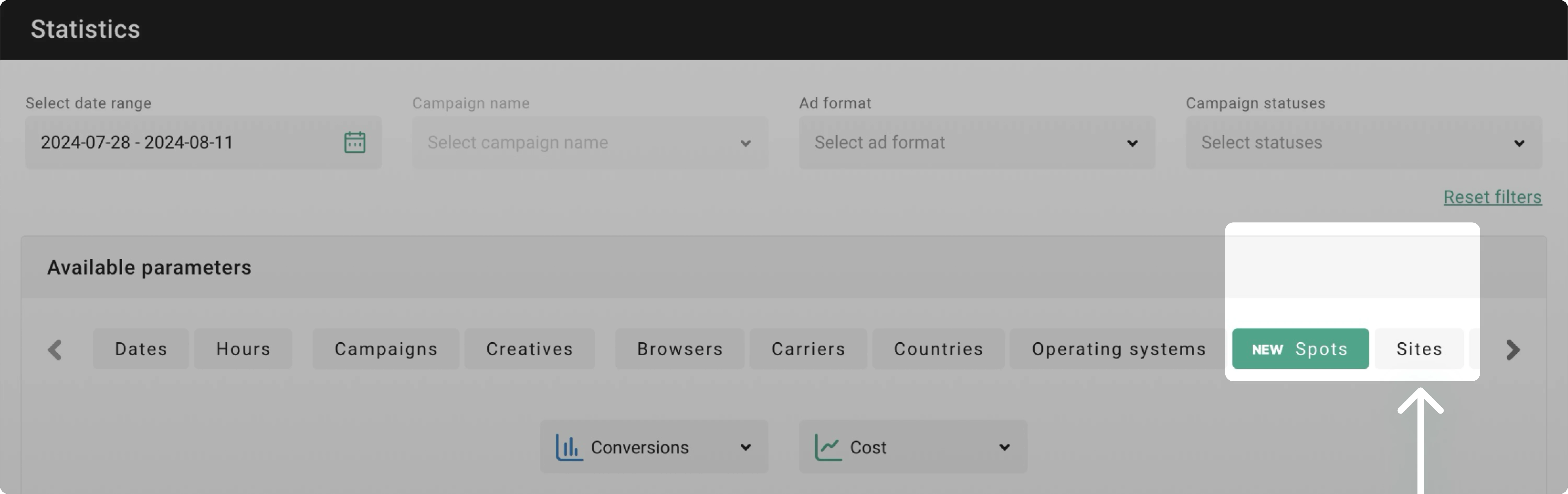 Sites tab in Statistics