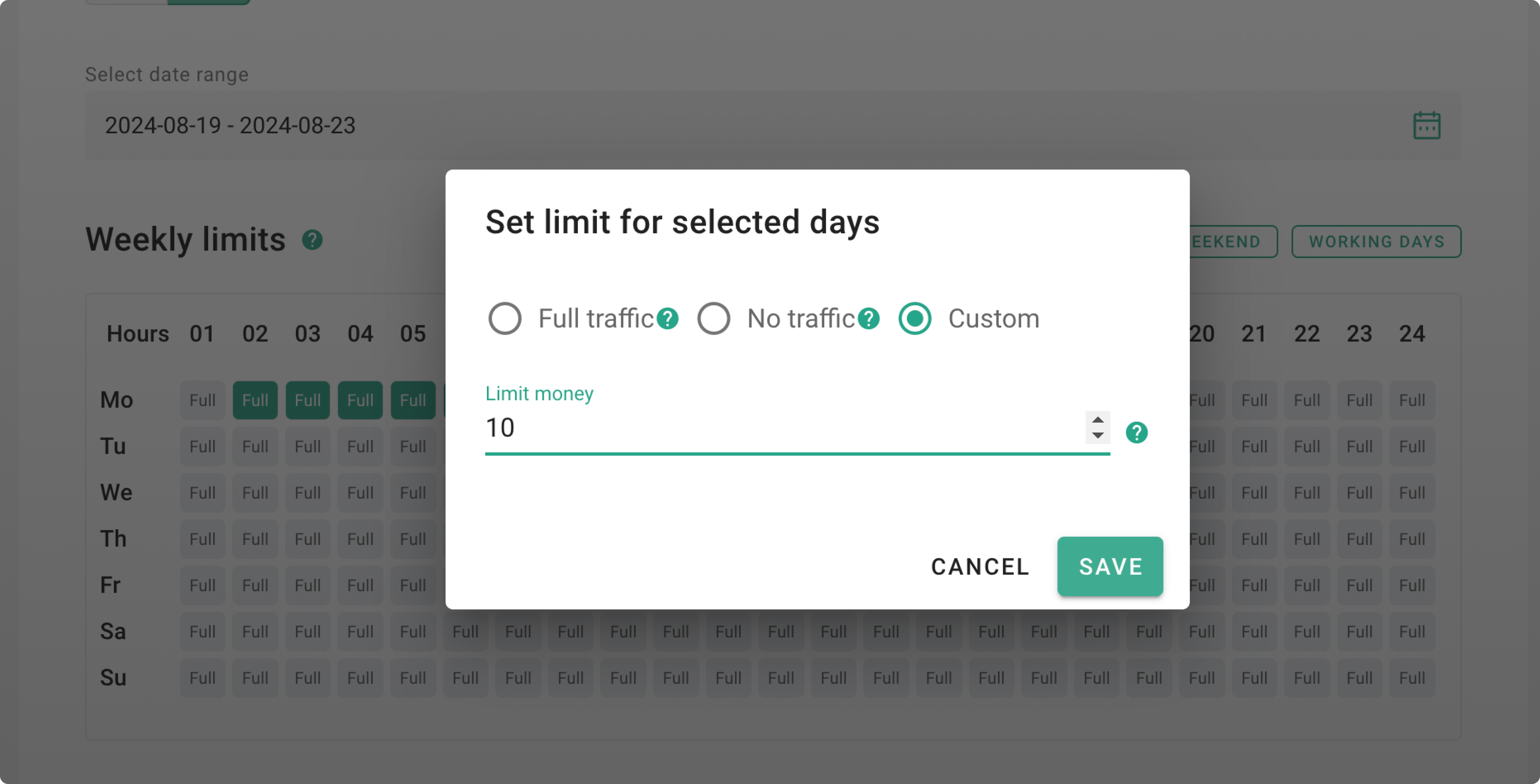 Setting Money limit for selected days