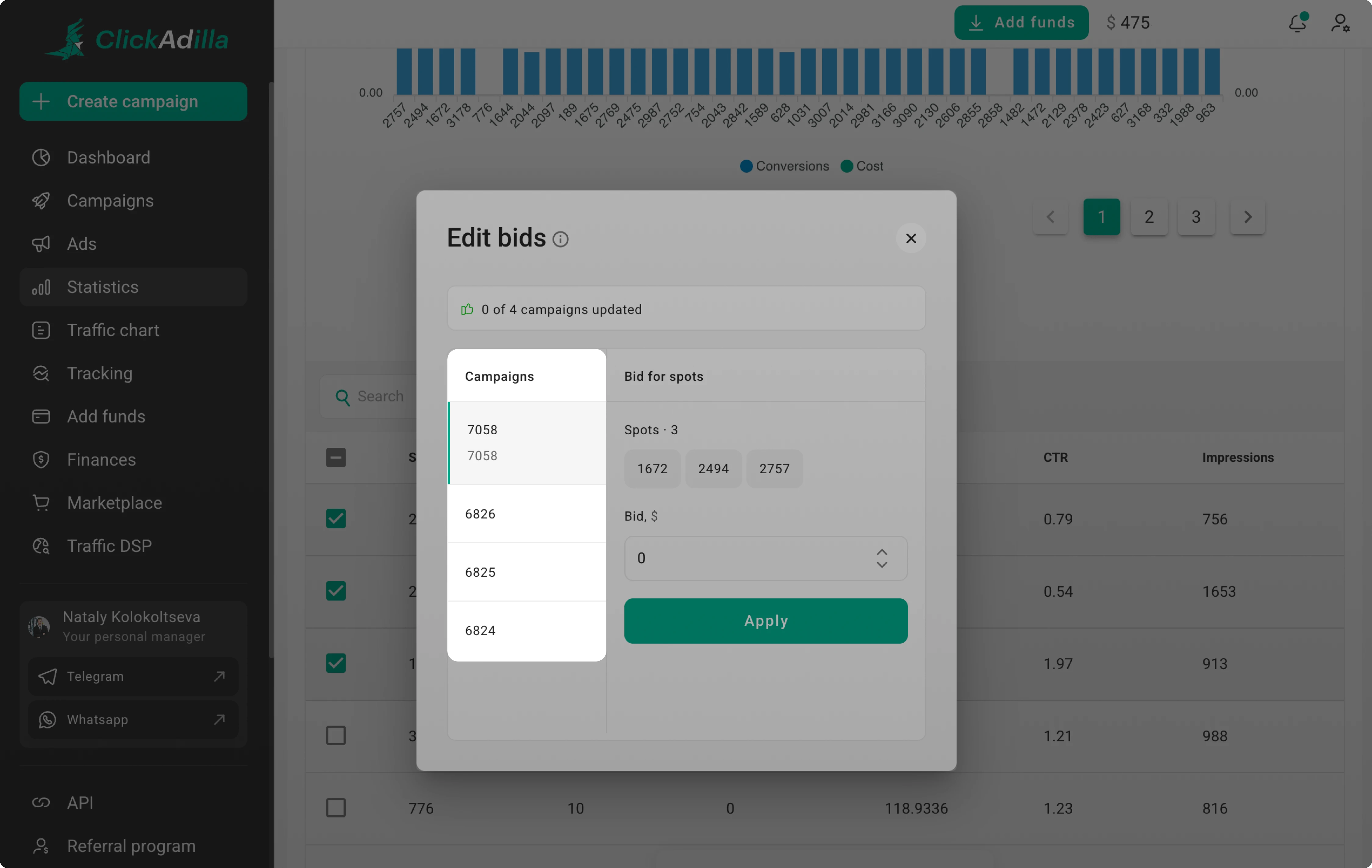 Looking at the modal window: Campaigns on the left, Spots on the right