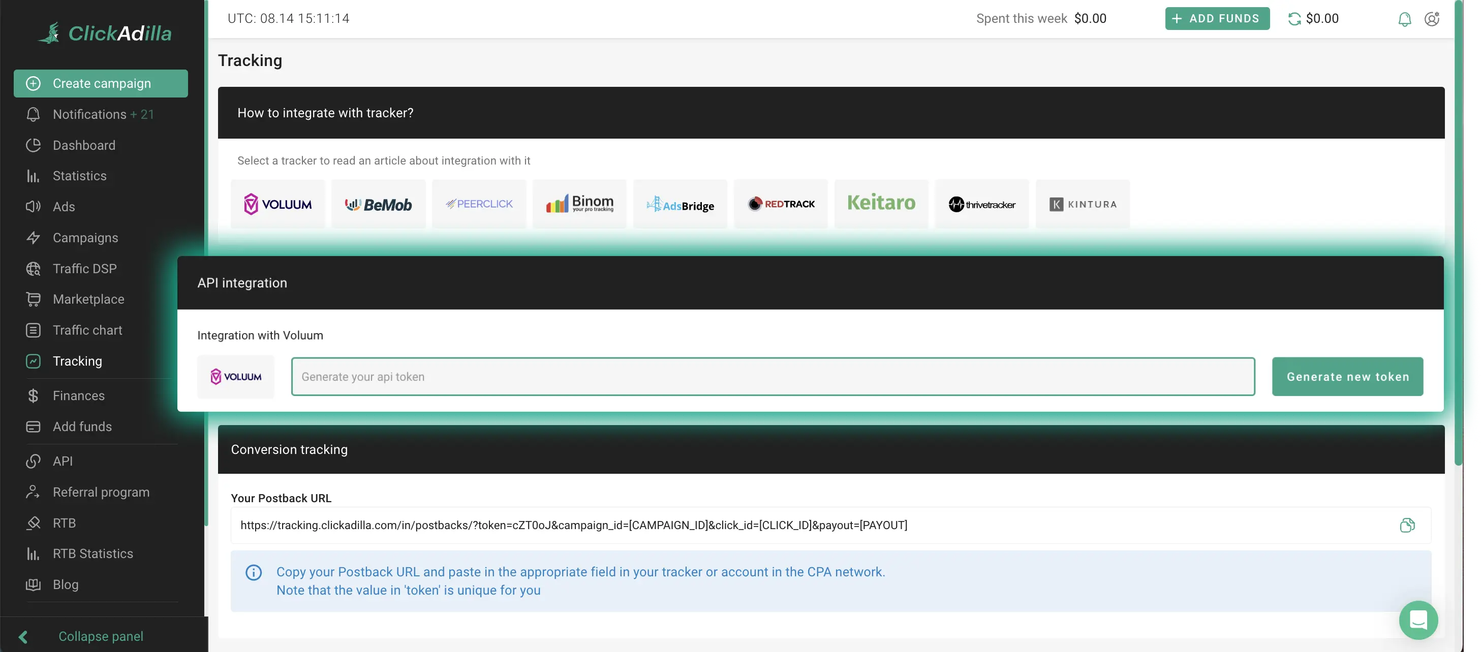 ClickAdilla Voluum API key