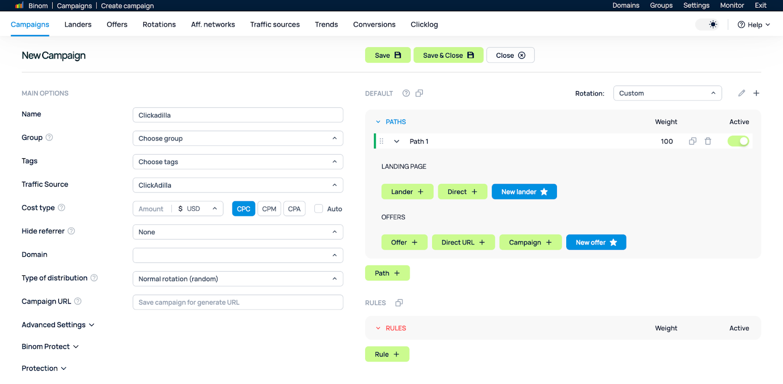 Создание кампании в Binom