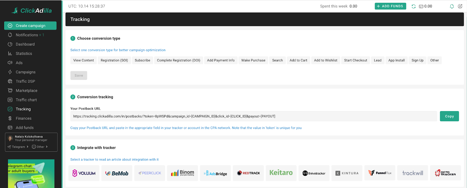 Create a Postback URL in ClickAdilla